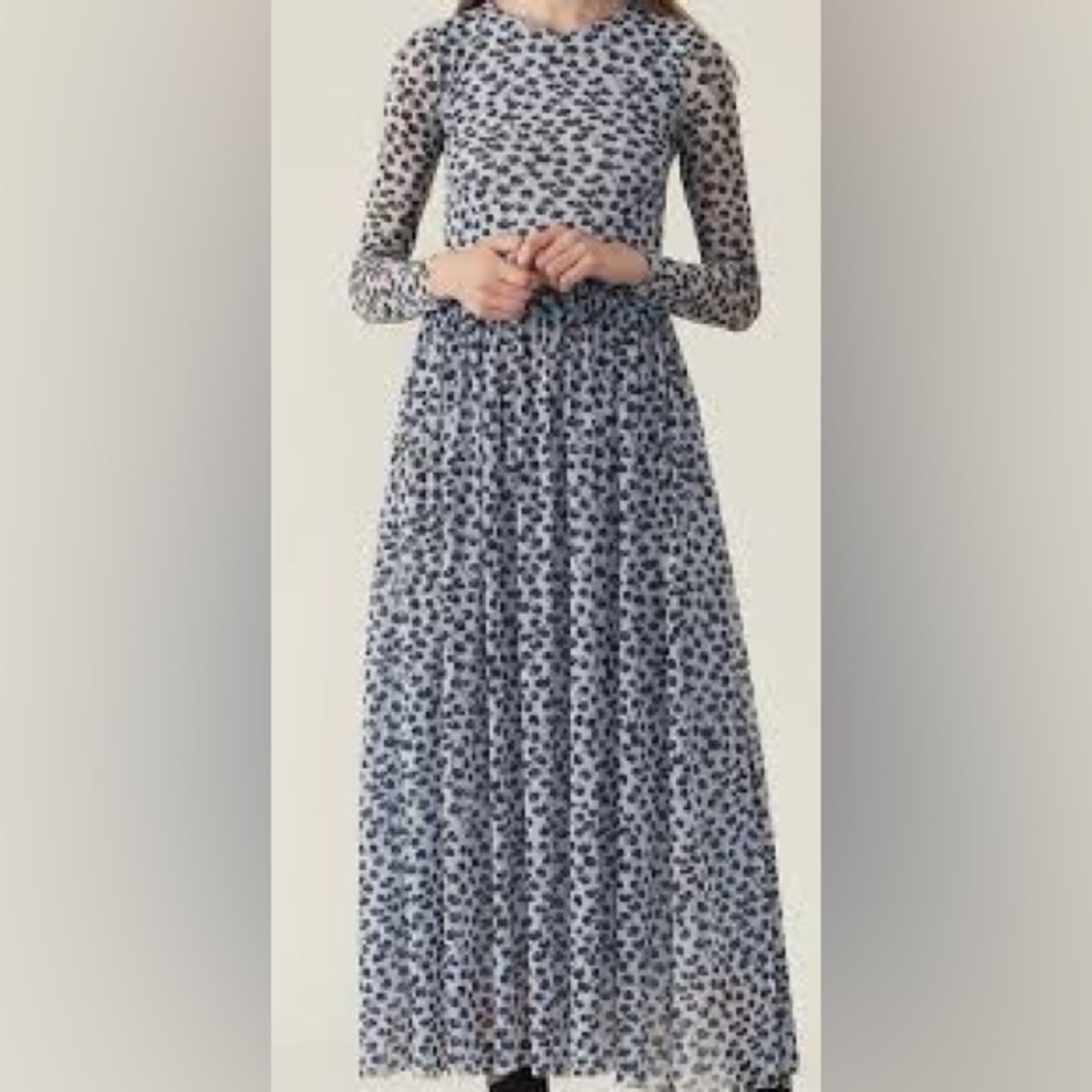 Ganni Navy Floral Long Sleeve Dress